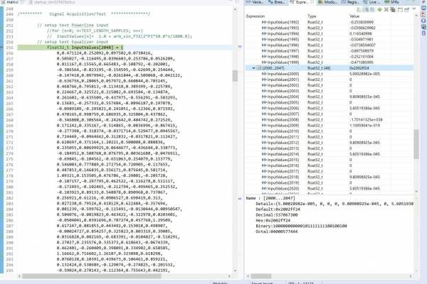 Left column depicts an array of 2048 samples from a sinusoid generated in MatLab. Right column shows how values in memory can be reviews and exported.